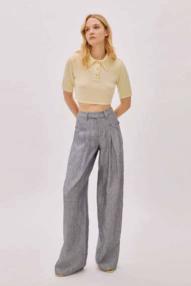 Candice Blue Linen-Blend Striped Pants